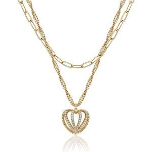 Layered Heart Necklace Pendant Handmade 18k Gold Plated Dainty Gold Choker